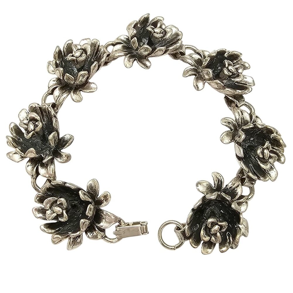 Jewel Art Sterling Silver Flower Link Bracelet Signed, C807